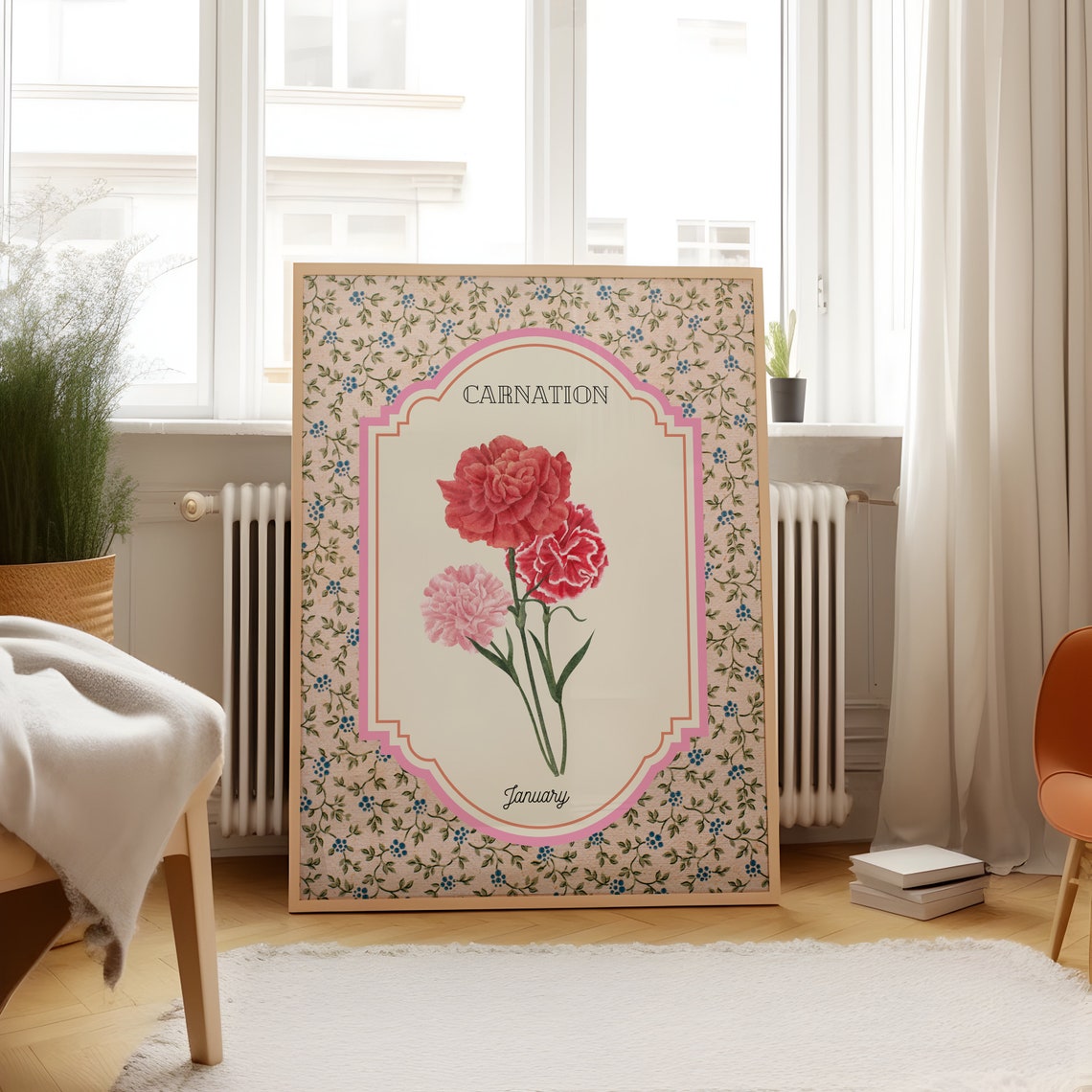 Carnation January Birth Flower Vintage Botanical Floral Poster