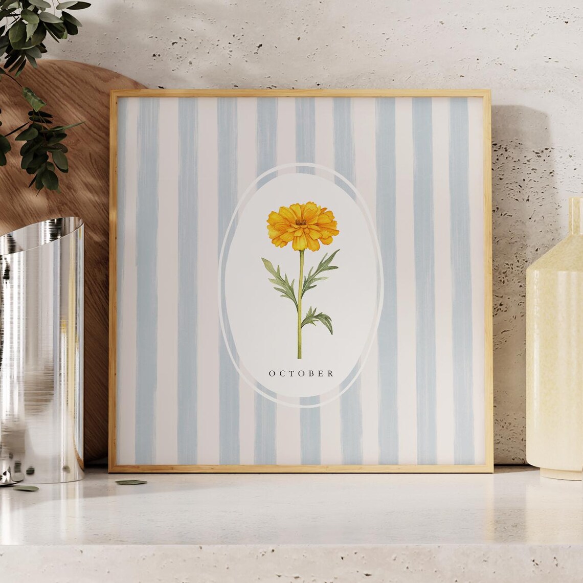 October Marigold Birth Flower Watercolor Blue Striped Wall Art - Image 2