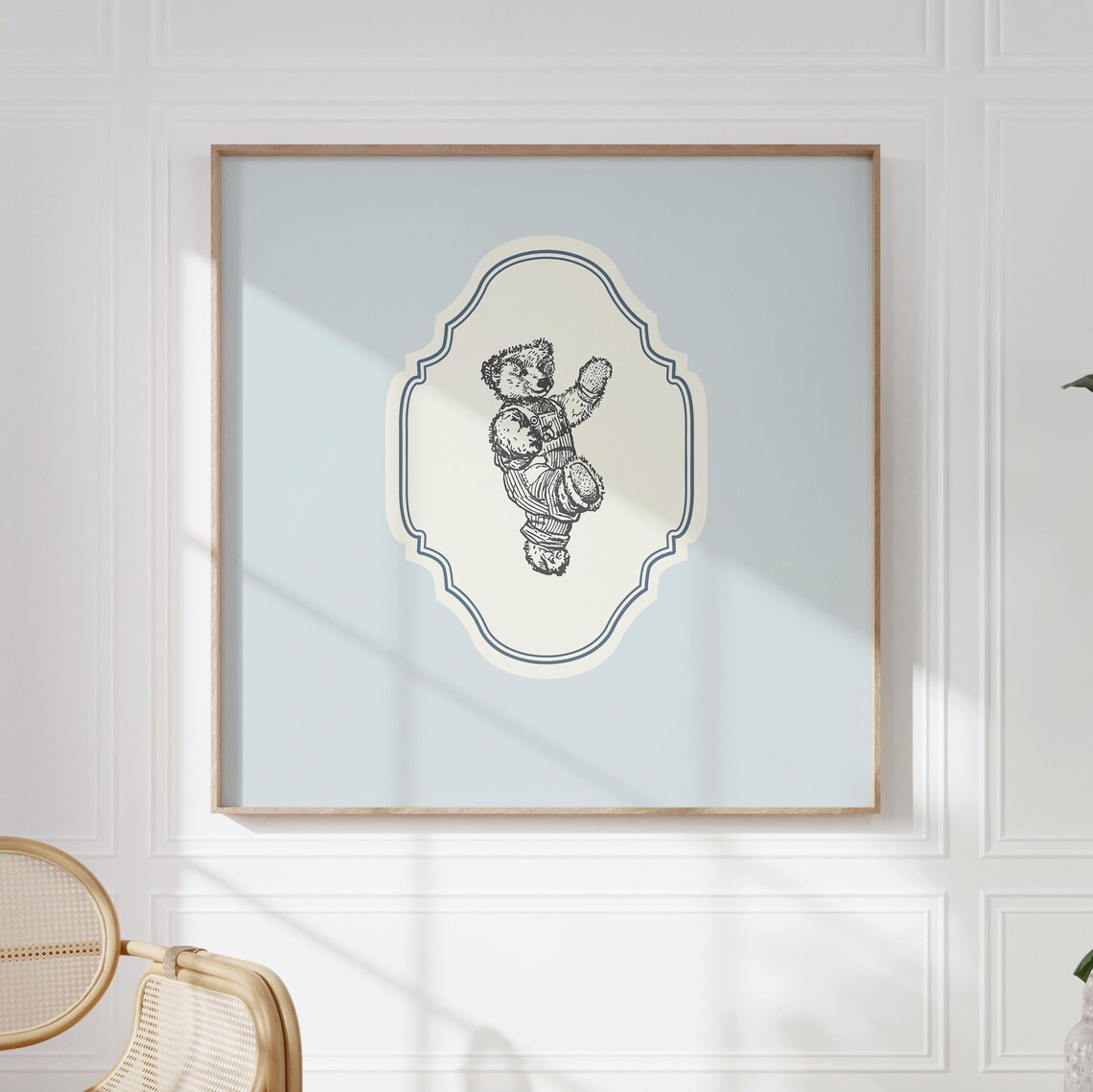 Vintage Waving Teddy Bear Baby Blue Ornate Square Nursery Poster - Image 5