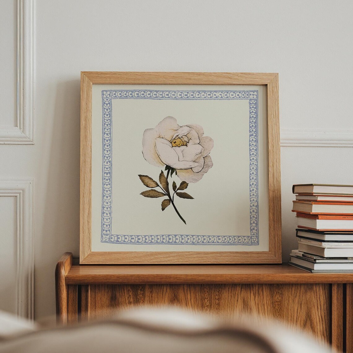 White Rose Vintage Botanical Blue Border Framed Wall Art Print Poster - Image 2