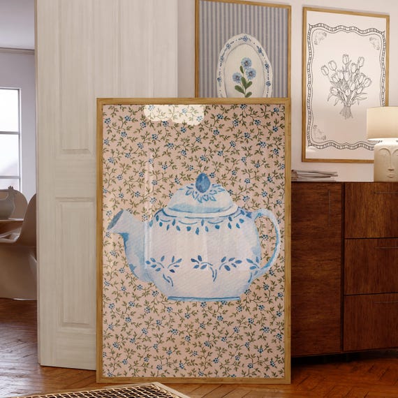 Tea With Grandma Wall Art Trendy Decor Abstract Vintage Painting Cottagecore Decor Wall Art Blue Toile