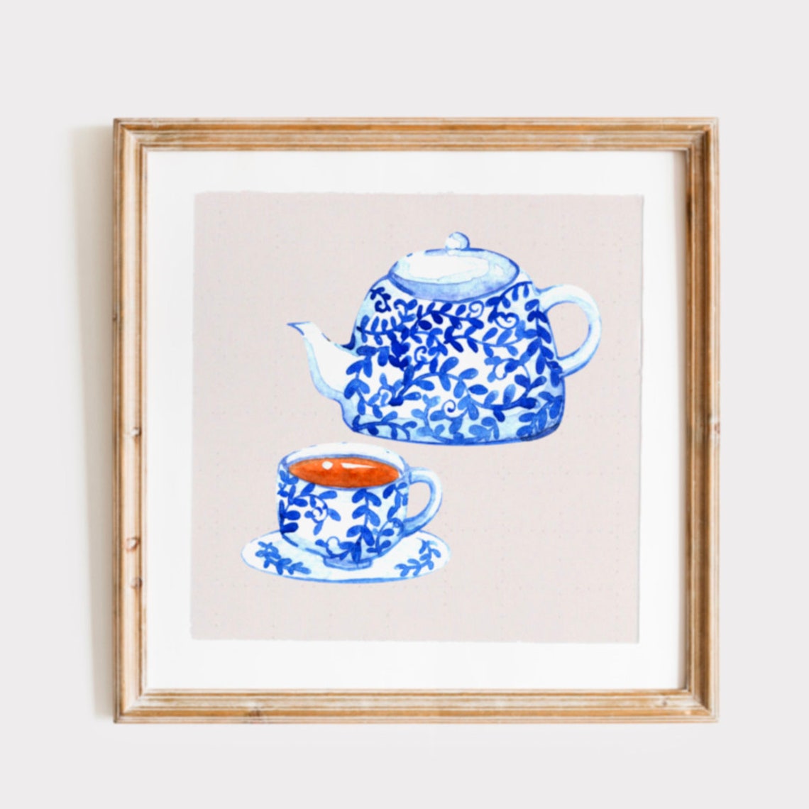 Blue Thin Line Coffee Square Print Instant Wall Art Nursery Kitchen Living Room Art Cottagecore Decor Teapot