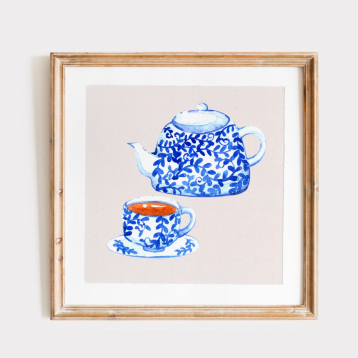 Blue White Chinoiserie Teapot and Teacup Watercolor Art Print