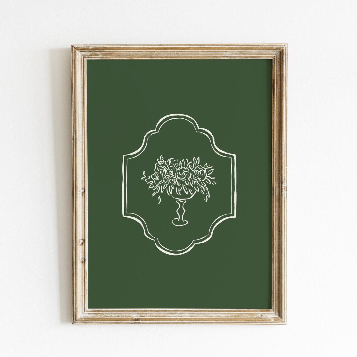 Cream Floral Urn Crest Line Art Forest Green Modern Botanical Poster