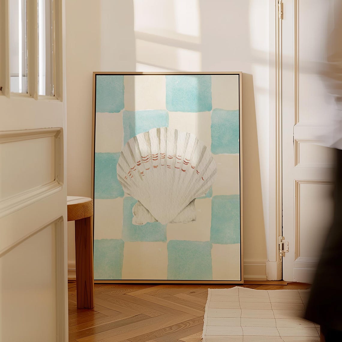 Watercolor Scallop Shell Blue Checkerboard Coastal Decor Art Poster - Image 5