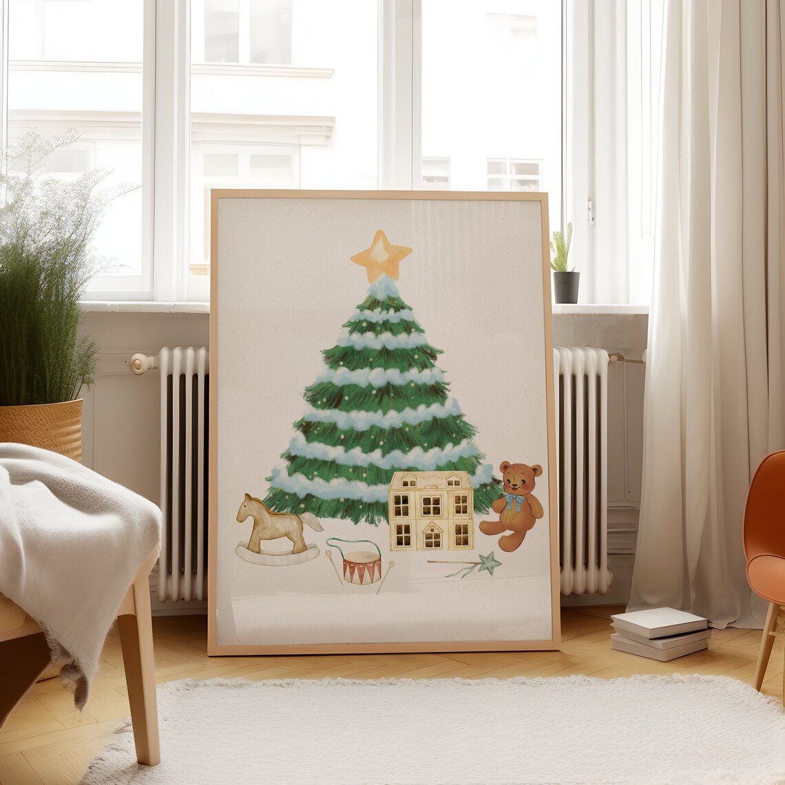 Snowy Christmas Tree Poster with Vintage Toys and Teddy Bear