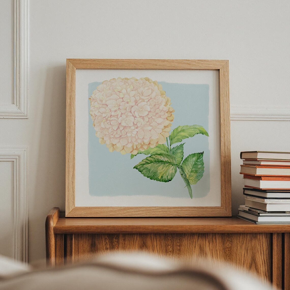 Cream Blush Hydrangea Cluster Watercolor Botanical Wall Art Print