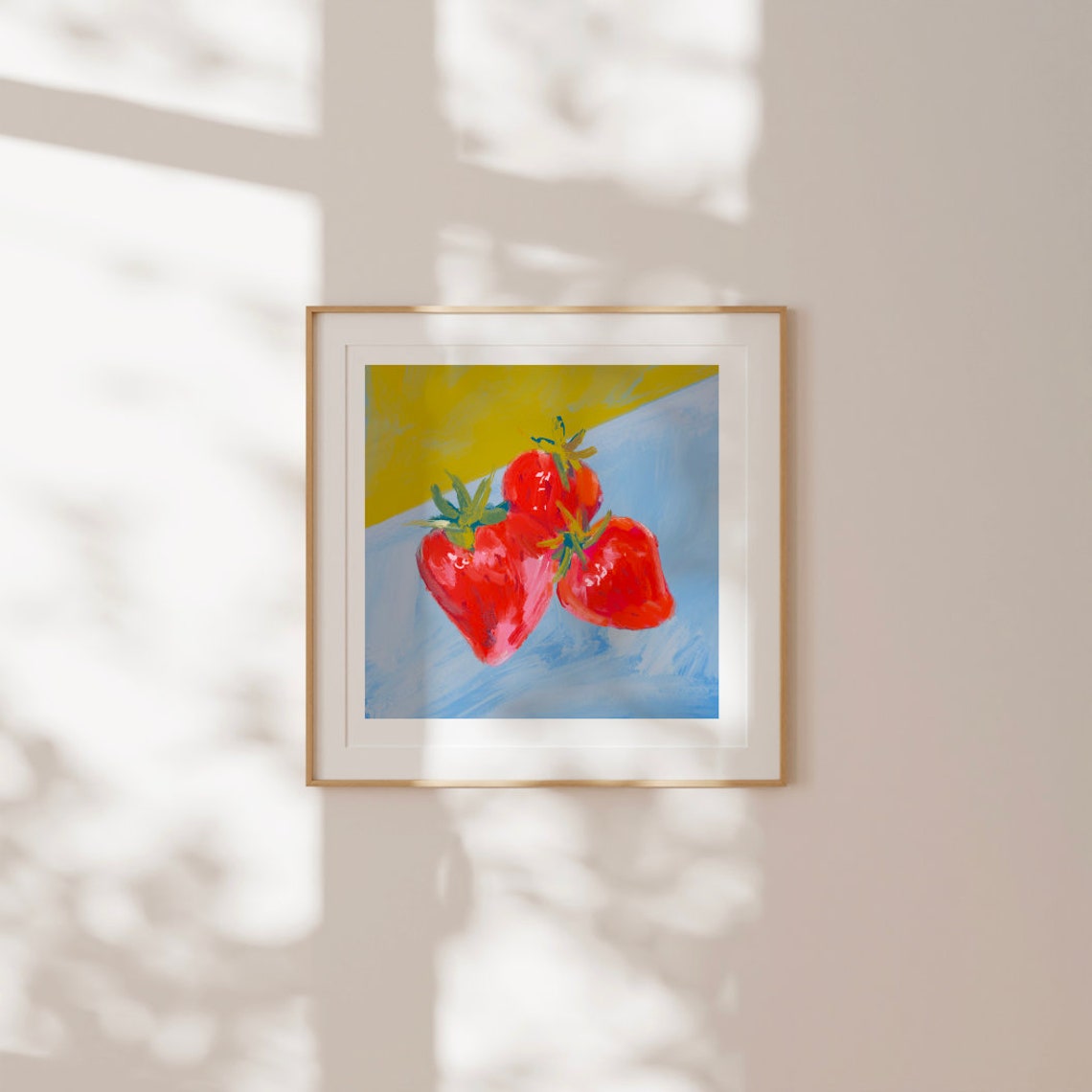 Red Strawberries Painterly Still Life On Blue Yellow Canvas Poster