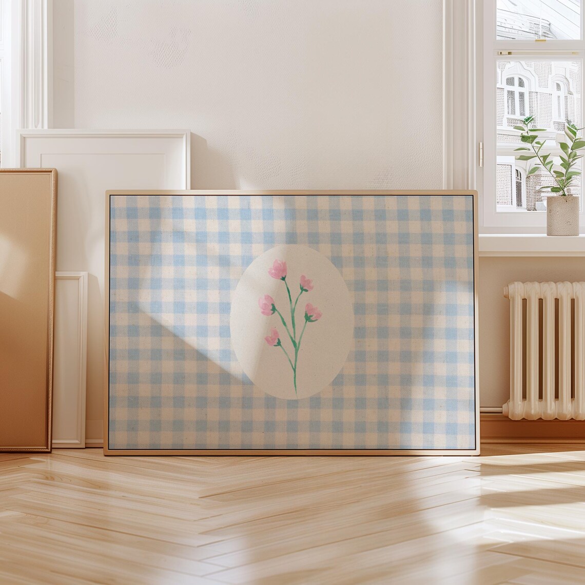 Blue Gingham Pink Floral Art Print, Cottage Core