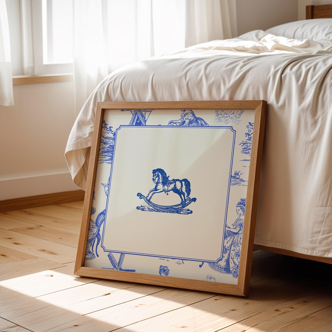 Blue Toile Border Vintage Rocking Horse Engraving Nursery Poster - Image 5