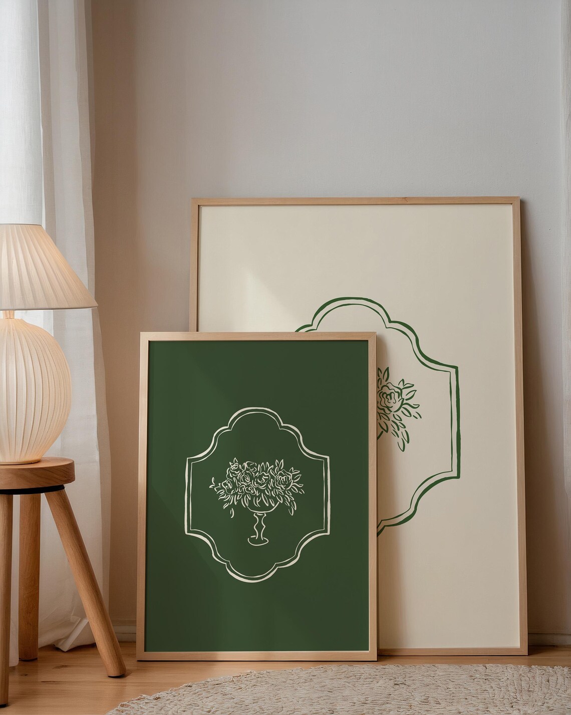Cream Floral Urn Crest Line Art Forest Green Modern Botanical Poster - Image 4