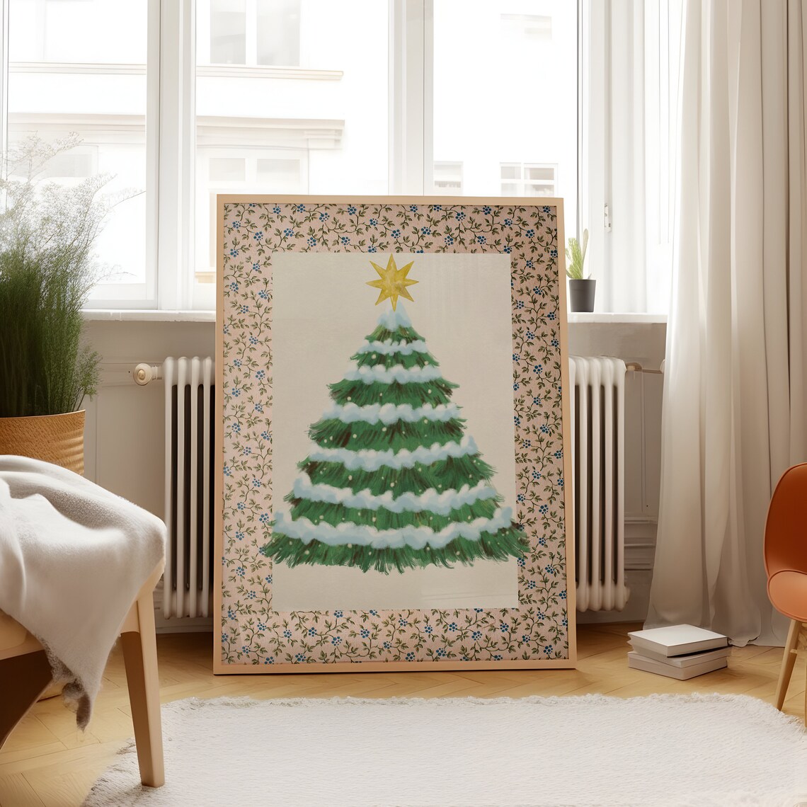 Snowy Christmas Tree Poster with Gold Star and Floral Border