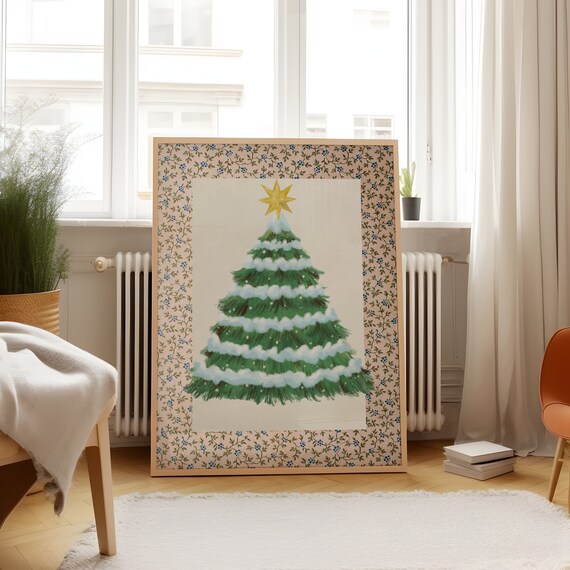 Snowy Christmas Tree Poster with Gold Star and Floral Border
