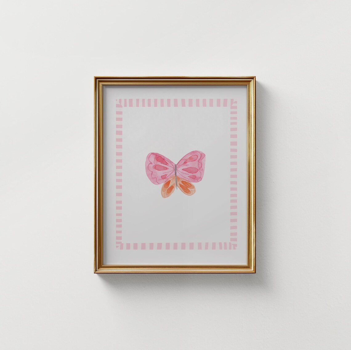Pink Coral Watercolor Butterfly With Striped Border Nursery Poster - Image 3
