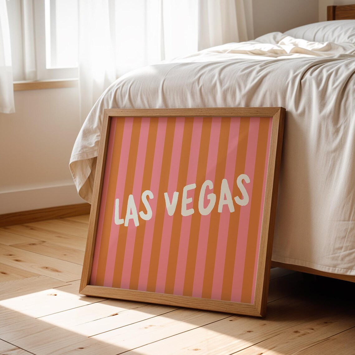 Las Vegas Cream Hand Lettered Pink Orange Striped Square Travel Poster - Image 3