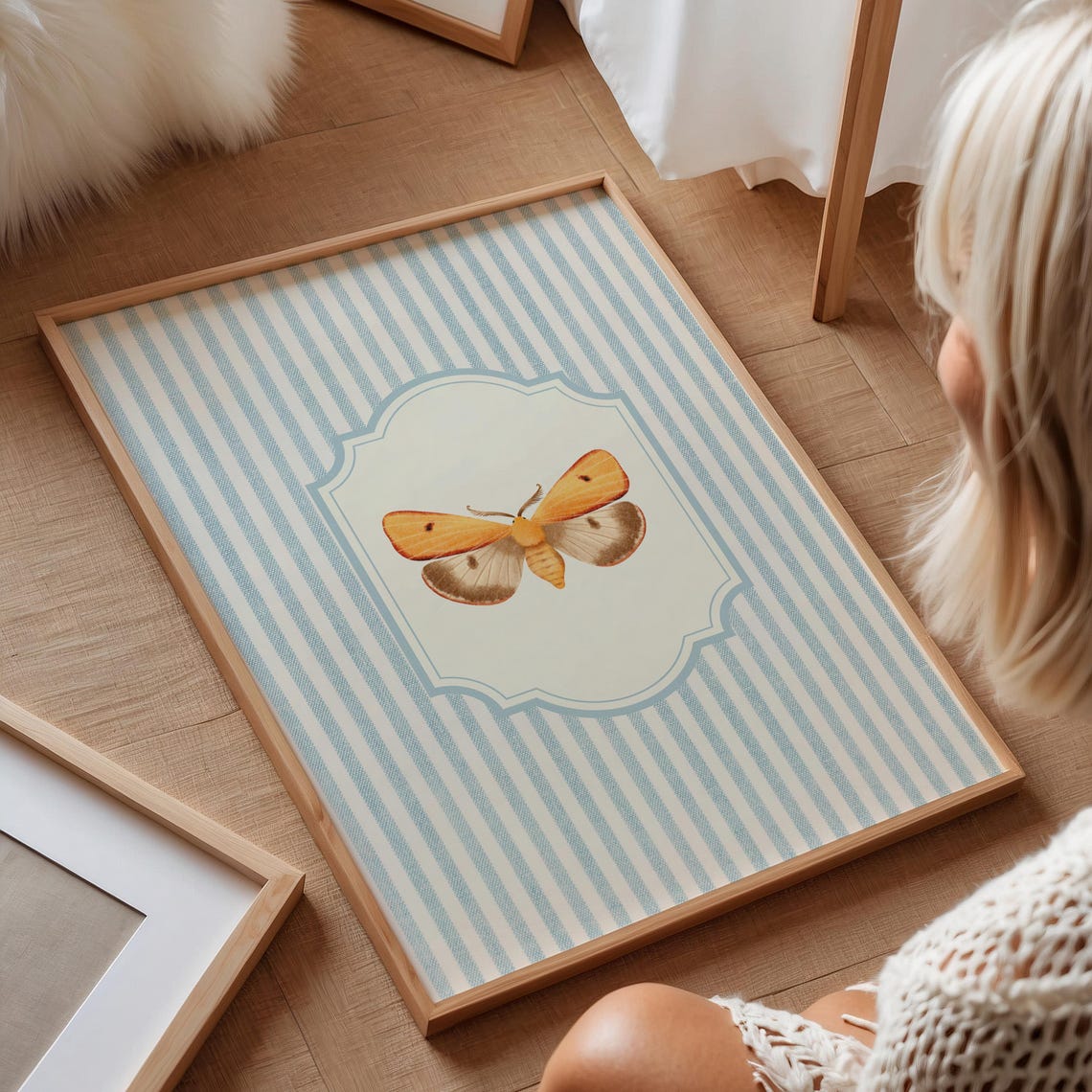 Golden Moth Illustration in Scalloped Frame Blue Striped Print