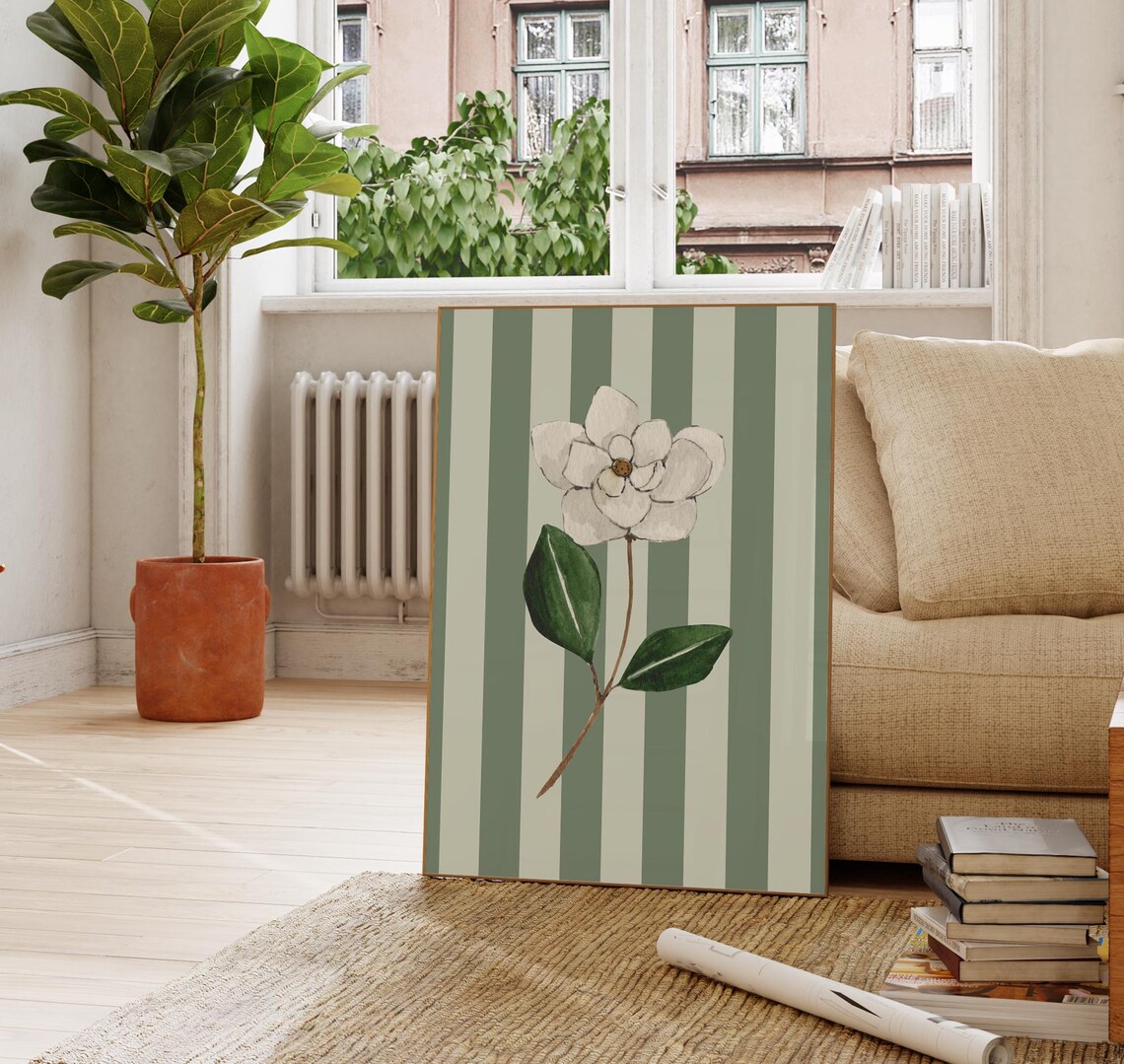 Sage Green Striped Magnolia Watercolor Poster Floral Wall Decor - Image 4