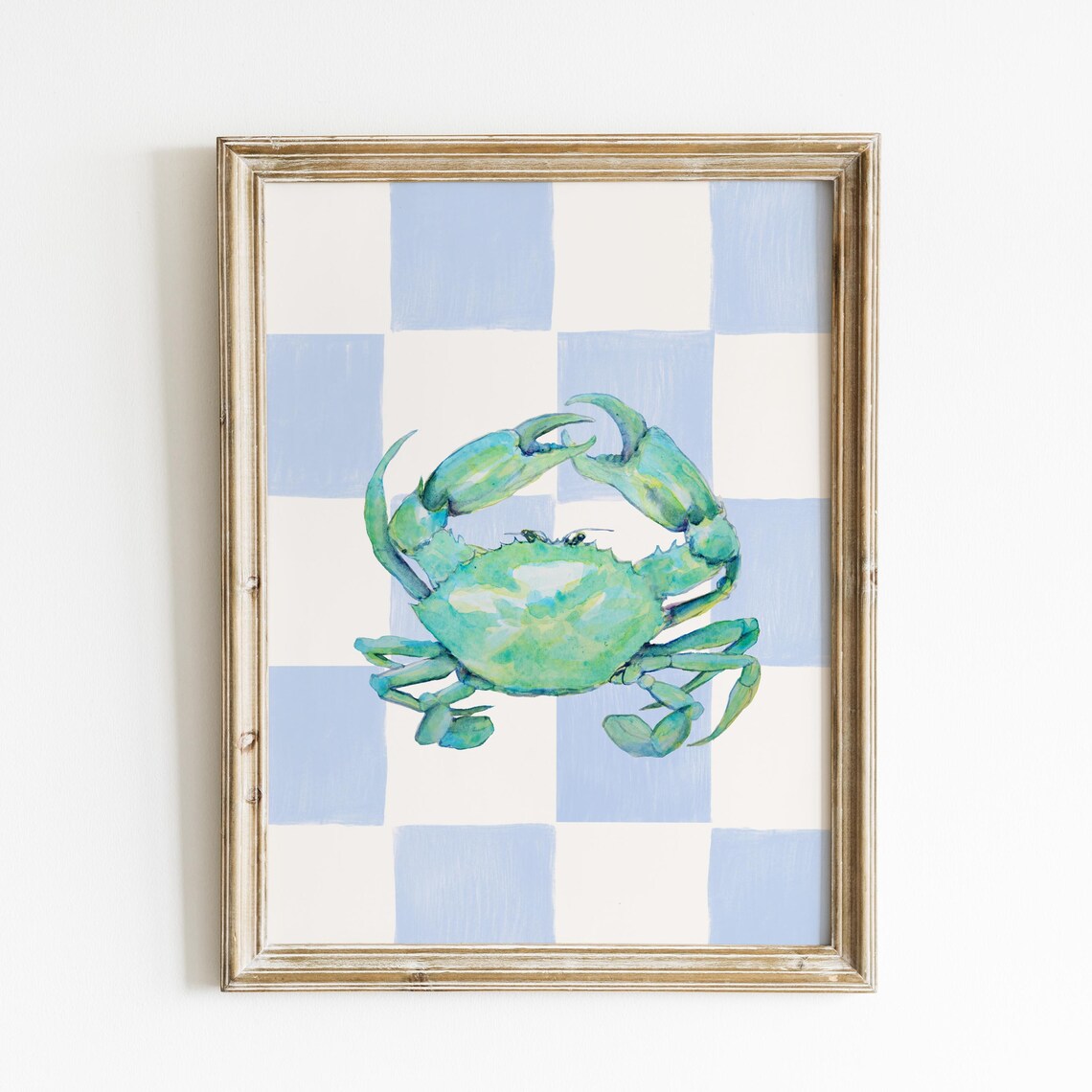 Teal Watercolor Crab Blue Checkerboard Background Coastal Art Poster - Image 4