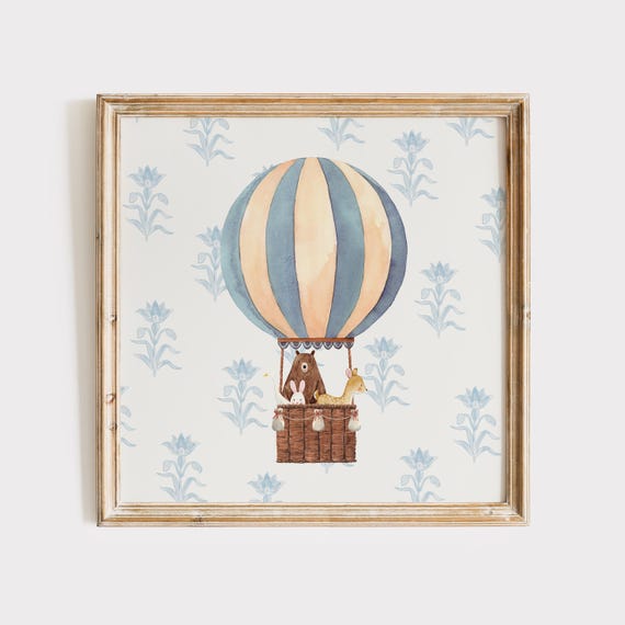 Watercolor Blue Hot Air Balloon Art Print, Nursery Decor