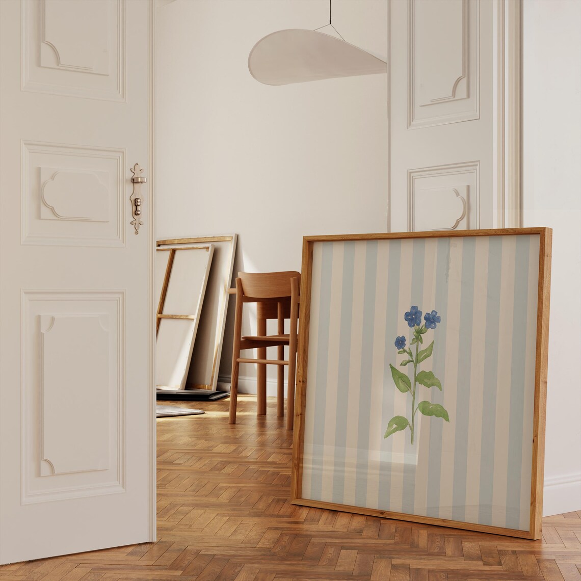 Blue Striped Minimal Floral Art Print, Cottage Nursery - Image 4