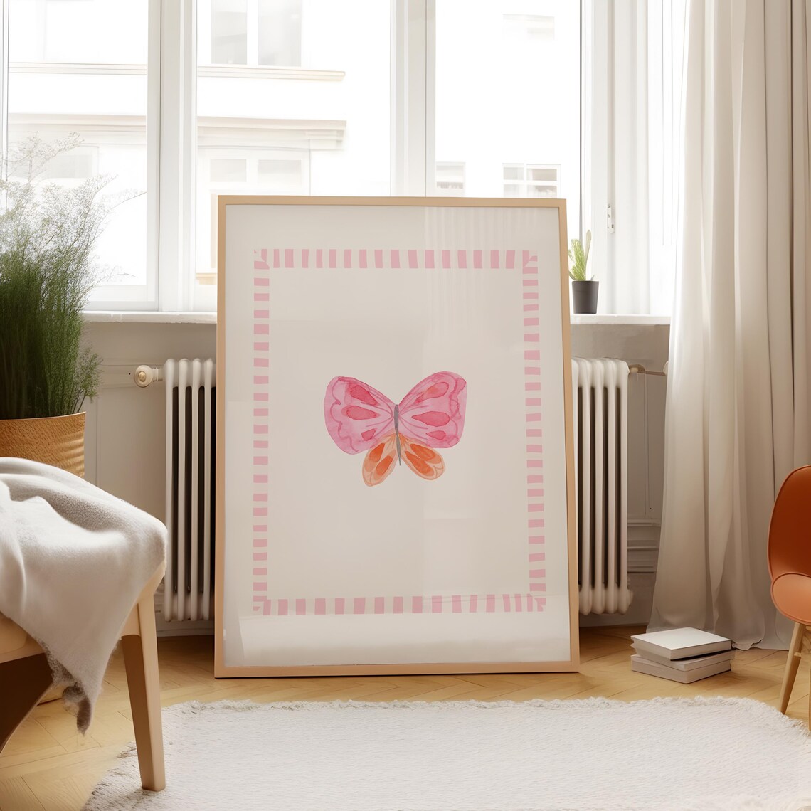 Pink Coral Watercolor Butterfly With Striped Border Nursery Poster