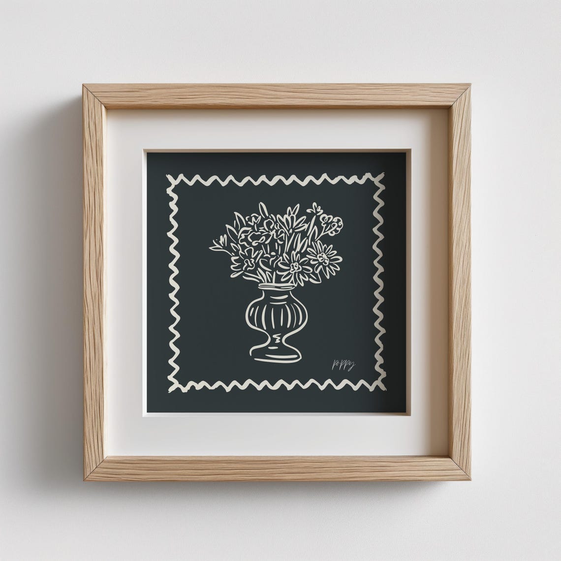 Black Background Cream Line Wildflower Bouquet Vase Modern Wall Poster - Image 2