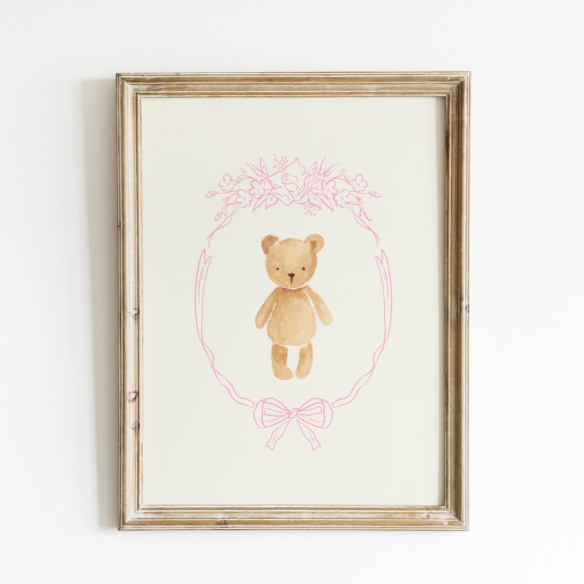 Watercolor Teddy Bear Pink Floral Wreath Baby Nursery Wall Art