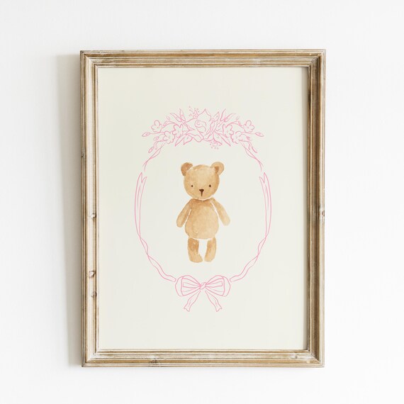 Watercolor Teddy Bear Pink Floral Wreath Baby Nursery Wall Art