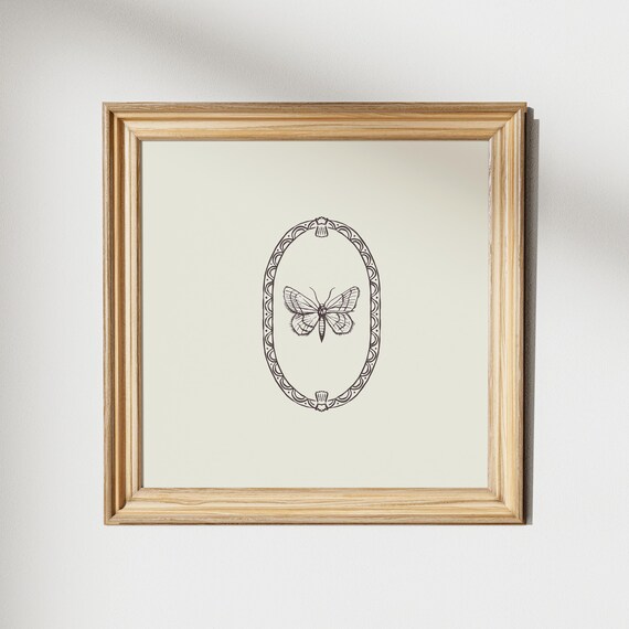 Vintage Butterfly Engraving Poster in Scalloped Oval Frame Art