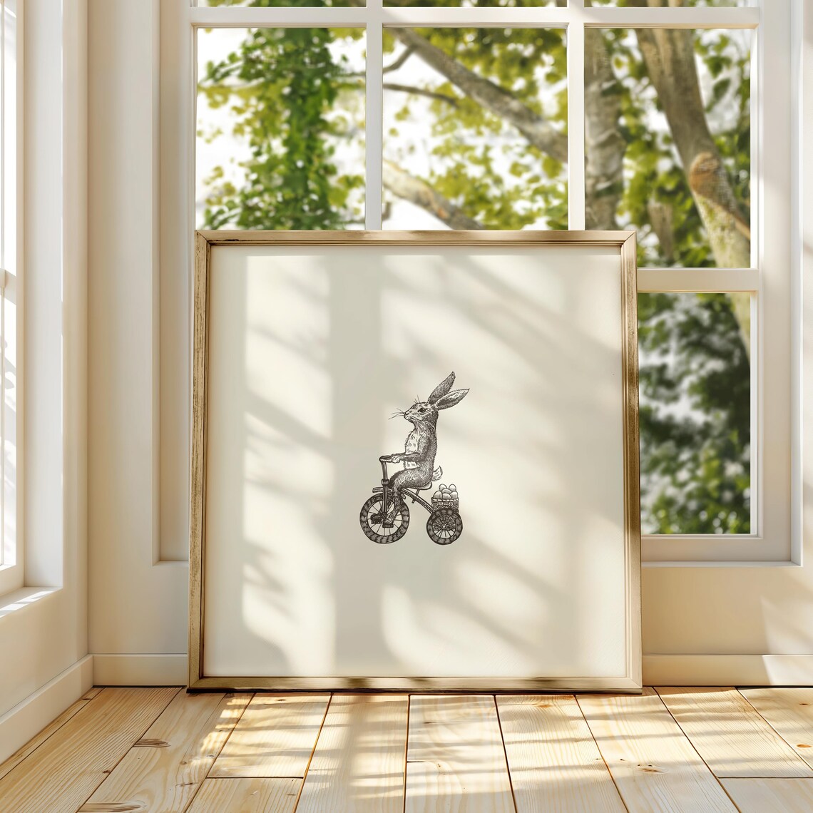 Vintage Rabbit Riding Tricycle Ink Sketch Square Animal Decor Poster - Image 2