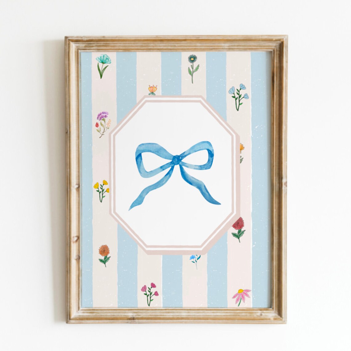 Blue Ribbon Bow Wallpaper Striped Floral Vintage Style Poster