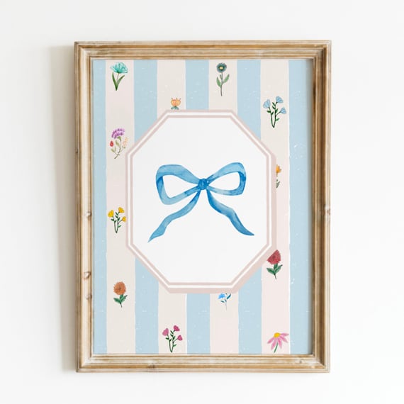 Blue Ribbon Bow Wallpaper Striped Floral Vintage Style Poster