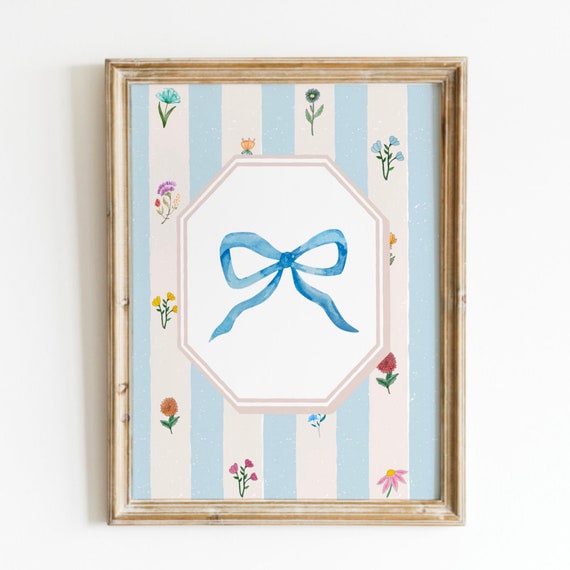 Blue Vintage Floral Wallpaper Hair Bow Print Wall Art Trendy Decor Vintage Painting English Garden Nursery