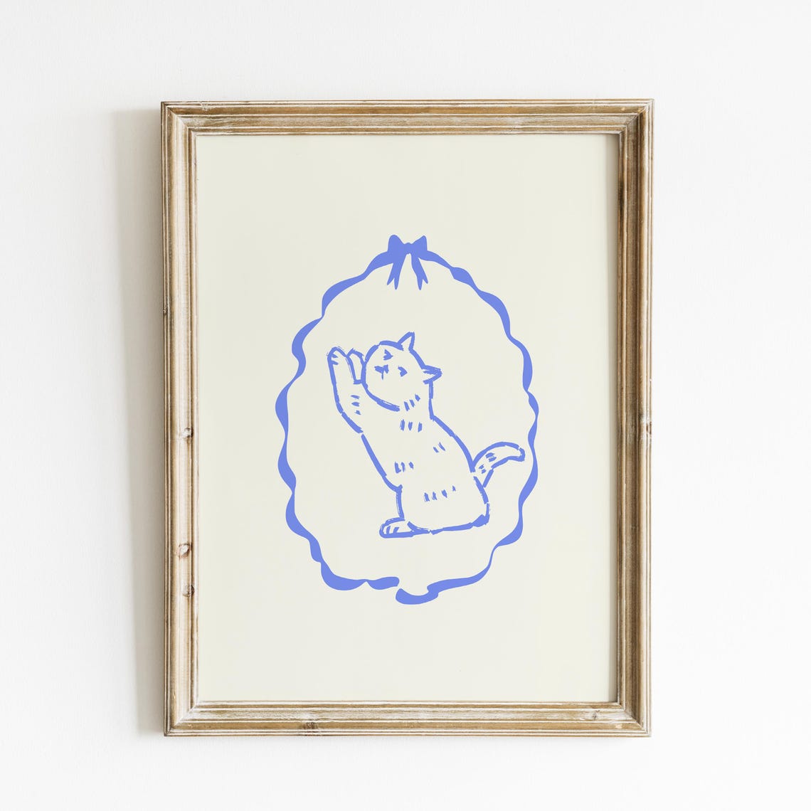 Blue Line Kitten Ribbon Frame Whimsical Vertical Nursery Decor Poster