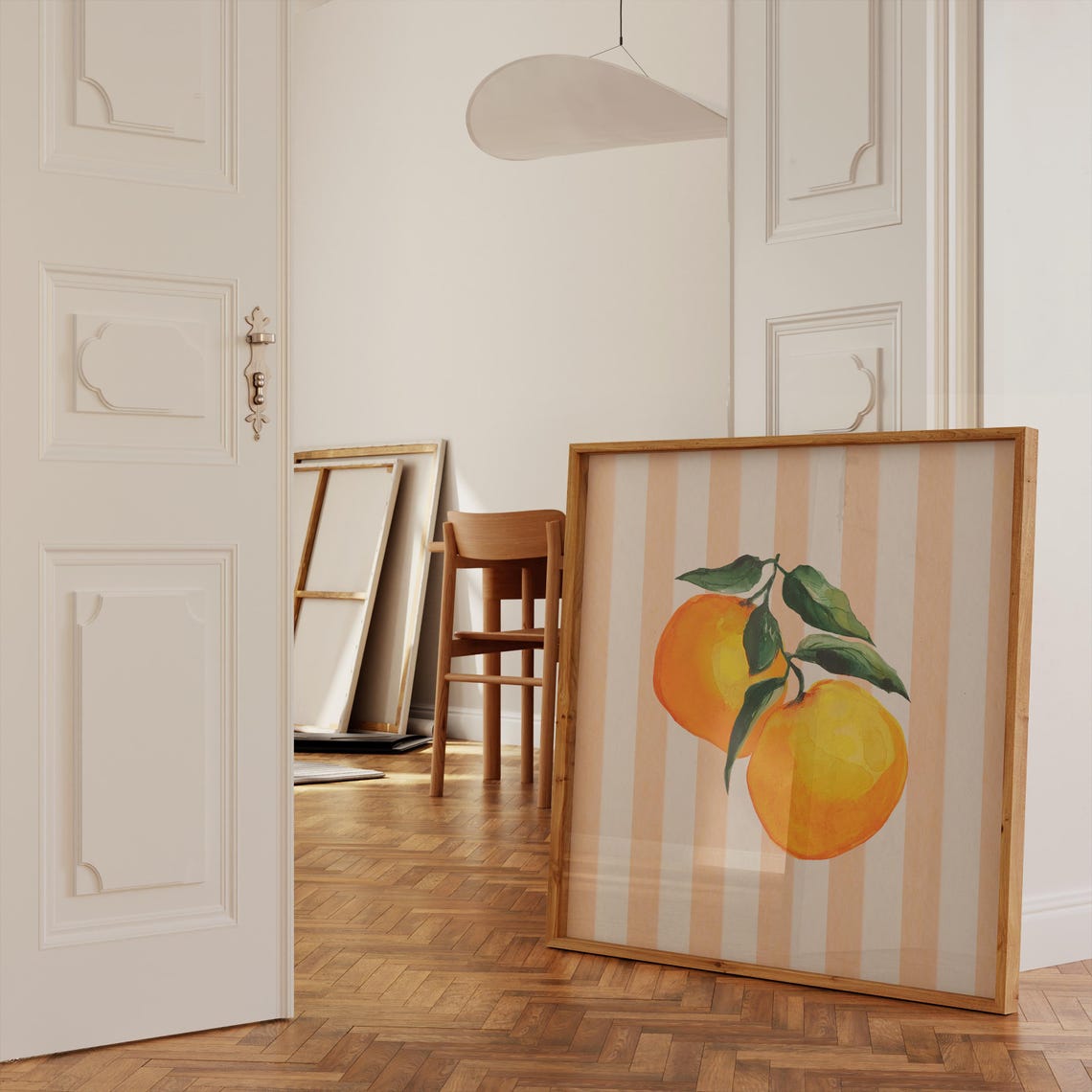 Watercolor Oranges on Branch with Peach Striped Background Poster - Image 2