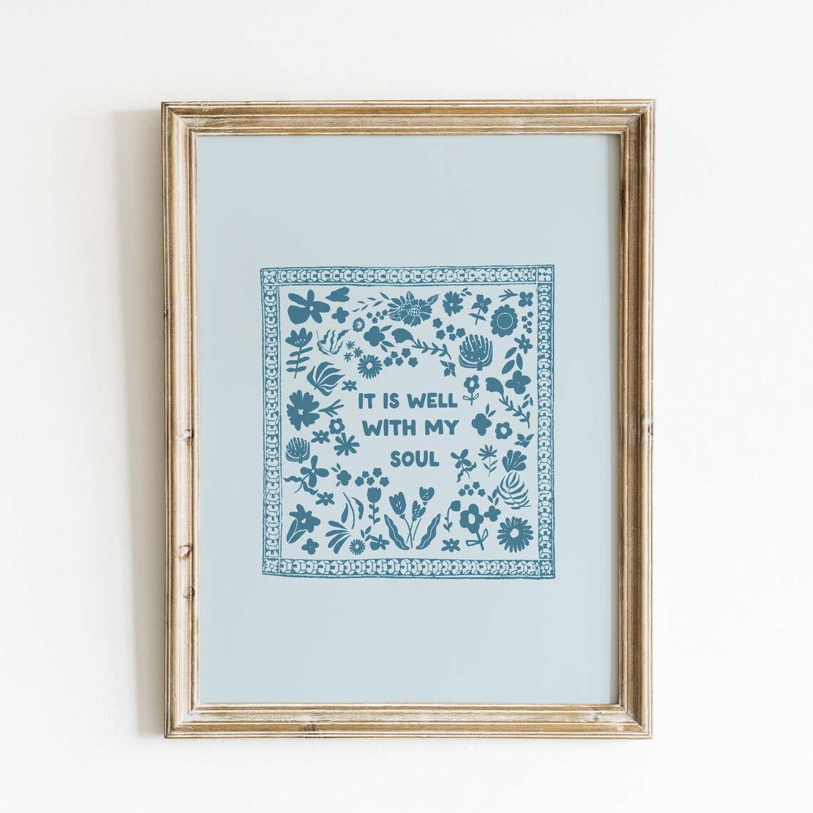 It Is Well With My Soul Blue Floral Folk Quote Christian Wall Print - Image 3