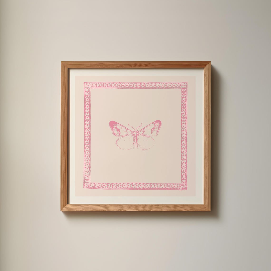 Pink Thin Line Butterfly Illustration with Ornate Border Square Poster - Image 2