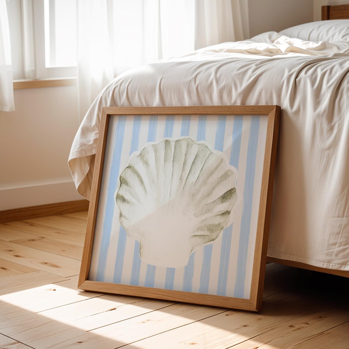 White Scallop Shell Blue Striped Background Coastal Watercolor Poster - Image 4
