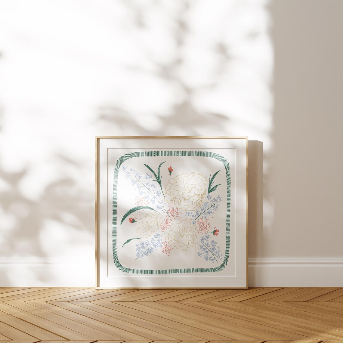 Delicate Floral Doodle Line Art Poster with Green Striped Border - Image 2