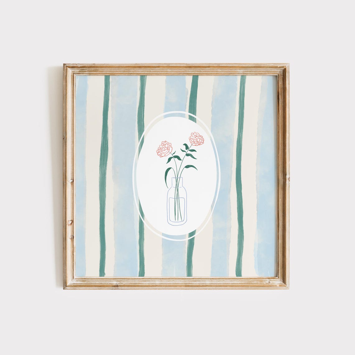 Pink Carnations In Glass Vase On Green Blue Striped Oval Poster