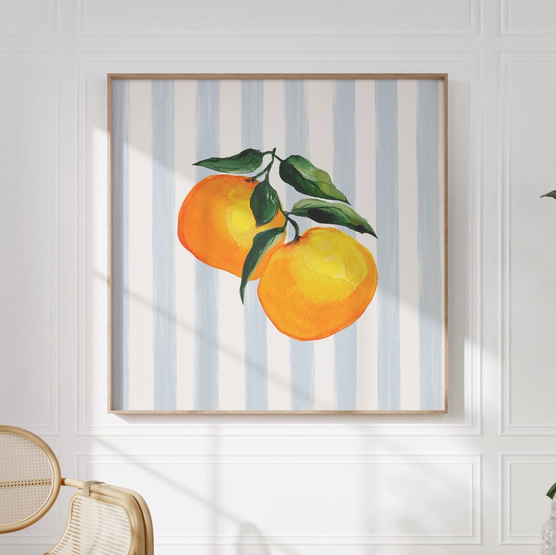 Watercolor Oranges on Branch with Blue Striped Background Poster - Image 2