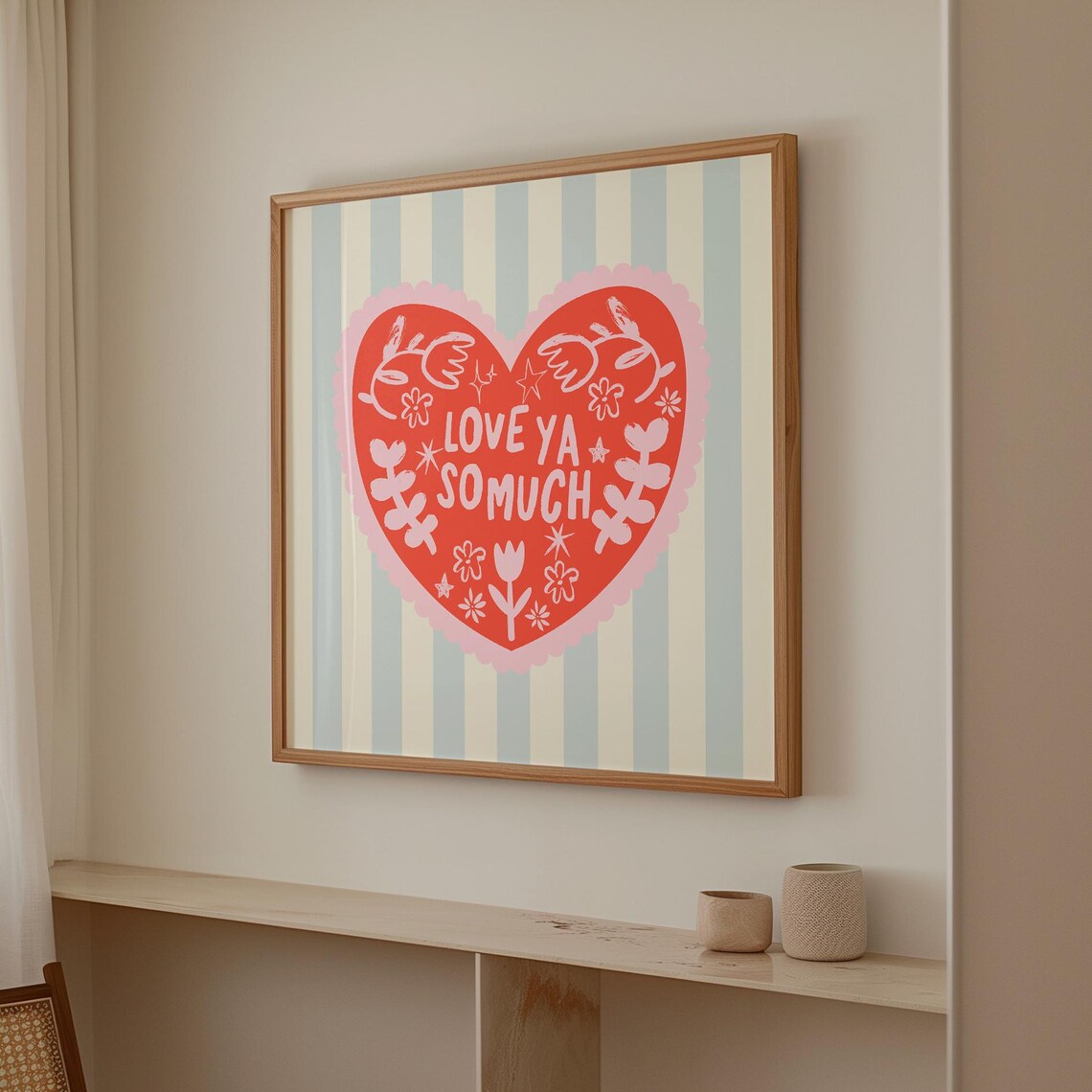 Coral Red Heart Love Ya So Much Blue Striped Valentine Wall Art Print - Image 2