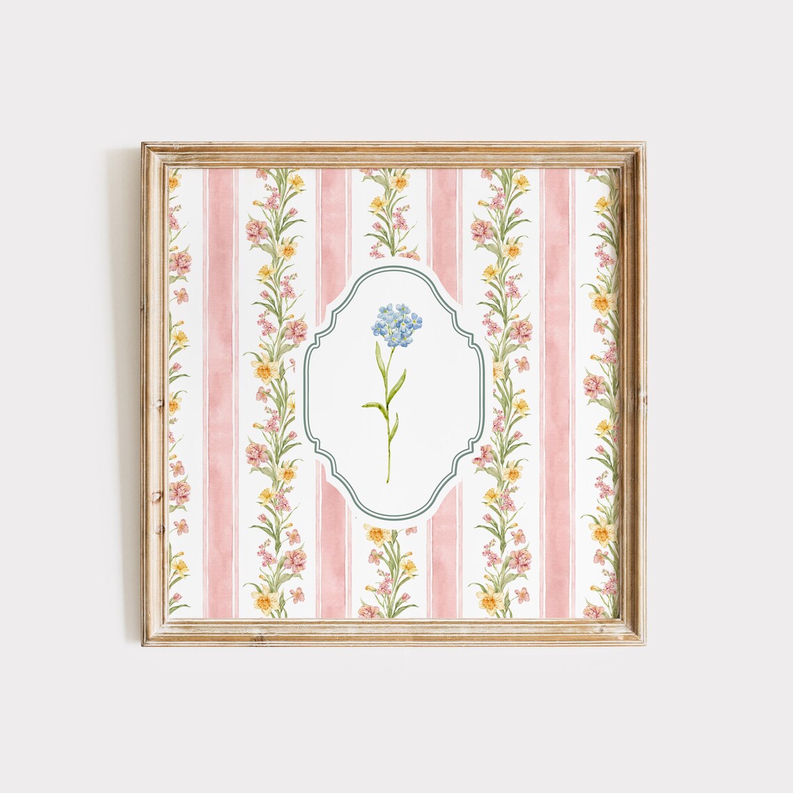 Pink Floral Wallpaper Striped Blue Flower Vintage Botanical Poster - Image 3