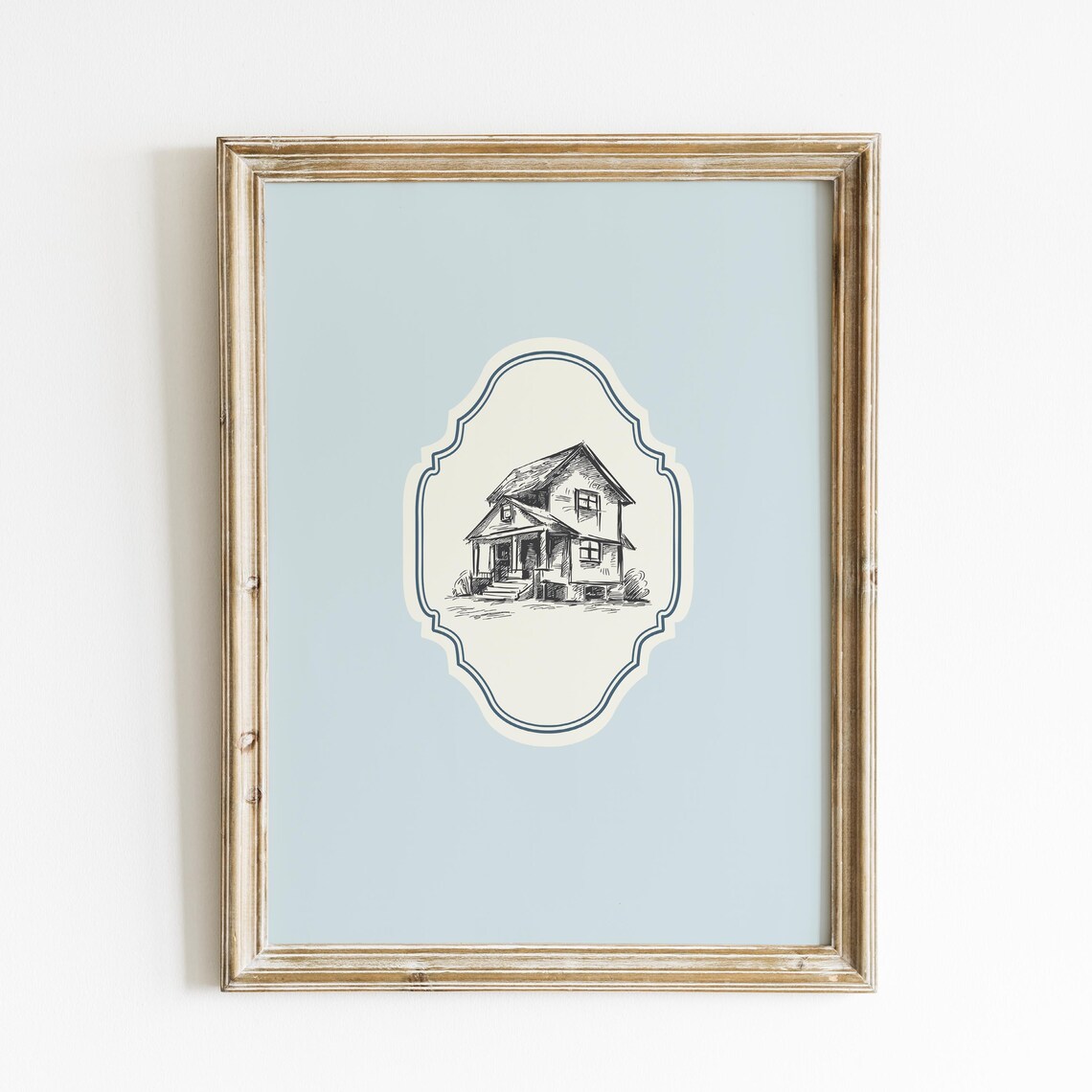Vintage Farmhouse Line Drawing Blue Medallion Home Wall Art Poster