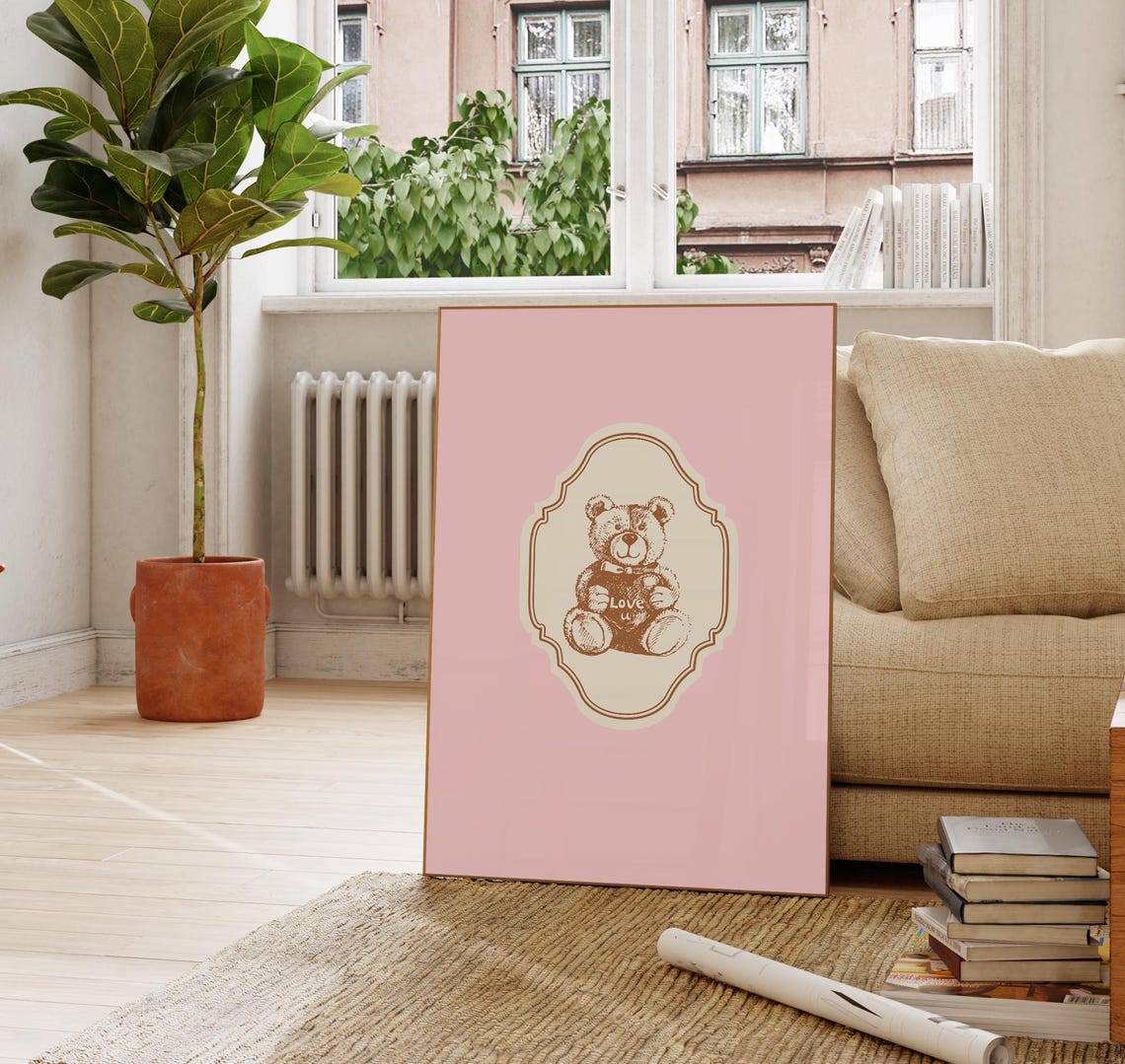 Vintage Love U Teddy Bear Heart Pink Ornate Vertical Nursery Poster - Image 3