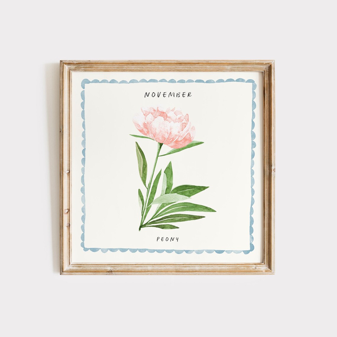November Peony Watercolor Birth Month Flower Blue Border Art Poster