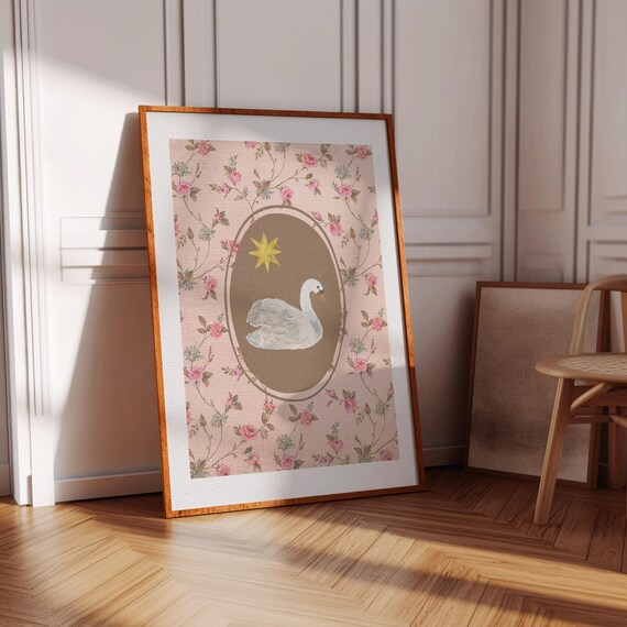 Pink Victorian Swan Vertical Print Wall Art Trendy Decor Abstract Vintage Painting English Garden Nursery Cute Art