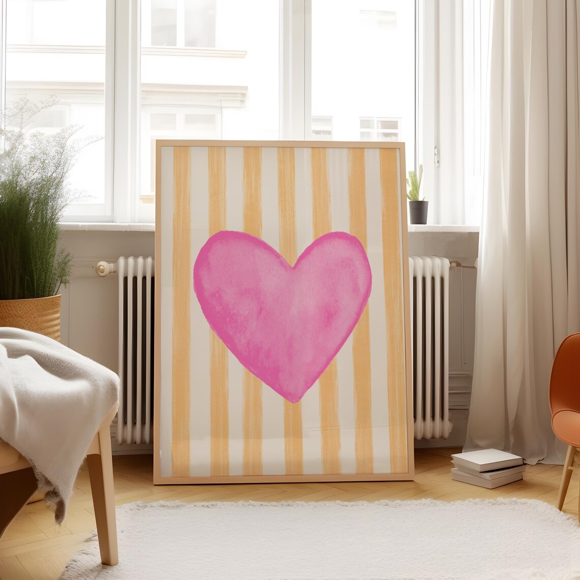 Bright Pink Watercolor Heart Peach Striped Valentine Nursery Poster - Image 3