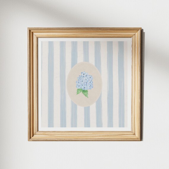 Blue Hydrangea Floral Poster on Thin Blue Stripe Cottage Style Wall