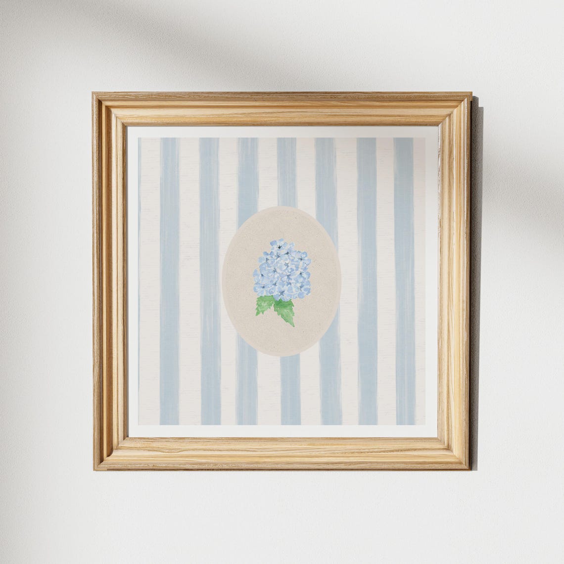 Blue Hydrangea Floral Poster on Thin Blue Stripe Cottage Style Wall